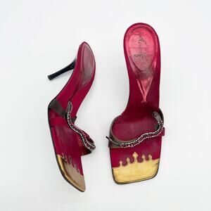 Giuseppe Zanotti Vicini Vintage Crystal Snake Red Gold Square Toe Mules IT 38